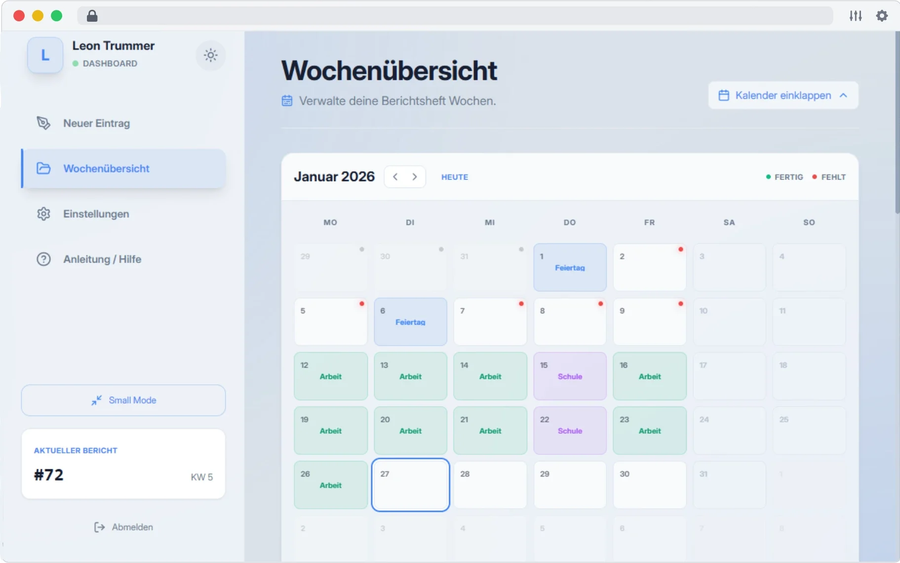 Dashboard Wochenübersicht