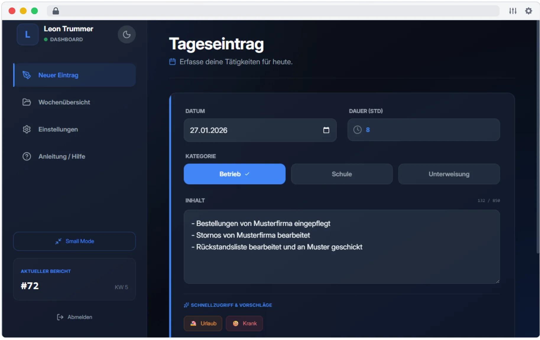 Dashboard Tageseintrag